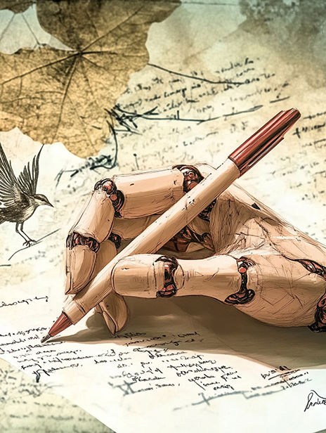 Robot escribiendo relatos en papel.